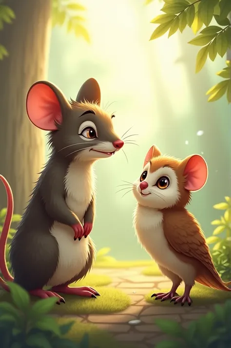 Mouse pretending to be calm  : " The mouse sits on its back legs and talks aloud,  with an expression of false calm .  The owl looks at him confused ,  intrigued by his words ".