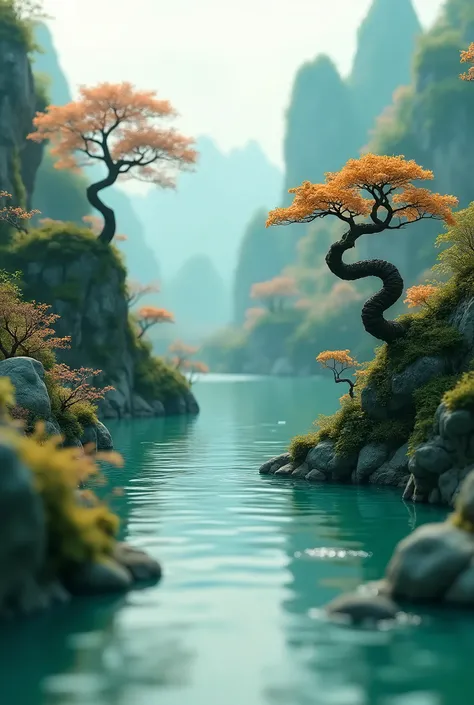 Miniature mountainous landscape, chinese landscape along a river with trees blooming out of rocks, blue and green color scheme, gold lines, natural light, bokeh, depth of field, panoramic composition, blurred foreground, 8k, HD, (photo realistic:1.5)