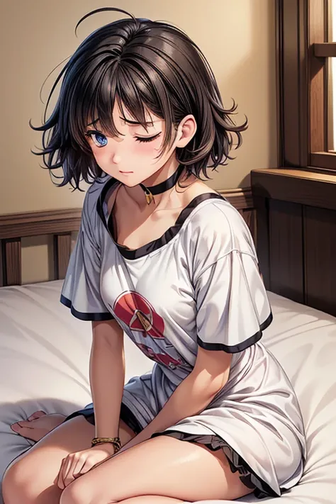  with her arms crossed over her head , animeのかわいい女の子, ((One Girl)), (((Baby Face:1.3))), (((cute:1.3))),   
break 

((Knee-length T-shirt dress :1.2)), 
((gold fancy bracelet)), (( black choker)),  
break 

((Black Hair:1.2)), (( very short side bangs :1.4...