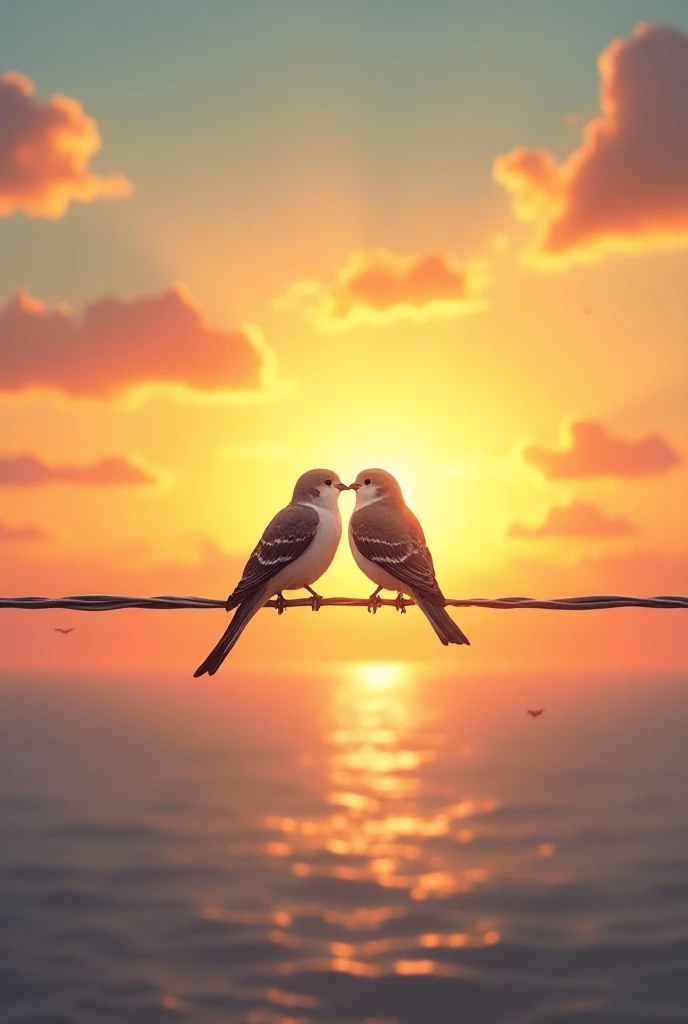 Two birds accompanying each other ,  standing on a light cable ,  symbolizing couple and affection, watching a sunset.