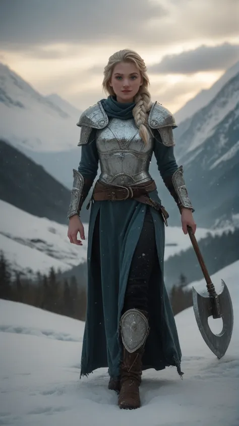 A powerful Nordic woman standing on the edge of a frozen fjord under a stormy sky, her pale skin glowing against the icy landscape. She is dressed in thick fur and leather armor, with silver and bronze jewelry featuring intricate Viking designs. Her long b...