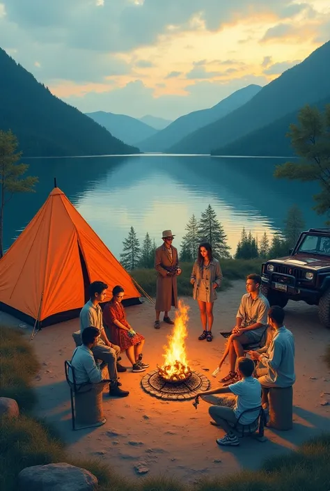  reservoir camping event，Fashionable style clothes ，Aerial Photography， Dusk light ，Off-road vehicles， A lot of stylish beautiful and handsome guys，Trench coat，Short skirt， camping tent ，outdoor stove ，barbecue，Ink Style，Three-color illustration ，blue，oran...