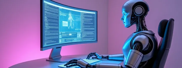 The image is a digital artwork that features a male humanoid robot sitting at a futuristic workstation, with a Bladerunner-like purple and blue color scheme. The robot has a sleek metallic design with visible joints and circuitry, and its image is a digita...