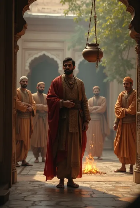 Show Akbar entering Birbals courtyard, his face filled with surprise and confusion. He looks at the pot hanging from the long stick, with a distant fire burning below. A few courtiers stand behind Akbar, equally perplexed by what they are seeing.