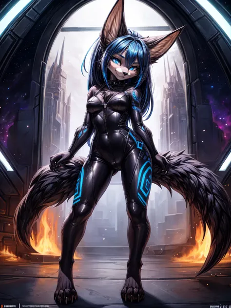 Black Jackal Girl,  High definition dark black fur , cuerpo completo, add_Detail:1, black fur,kitsune ears,  tribal tattoo add_Detail:1,blue lock in hair,cosmic space landscape, pretty girl add_Detail:3 18-year-old girl , Gantz style full lycra suit ,  fli...