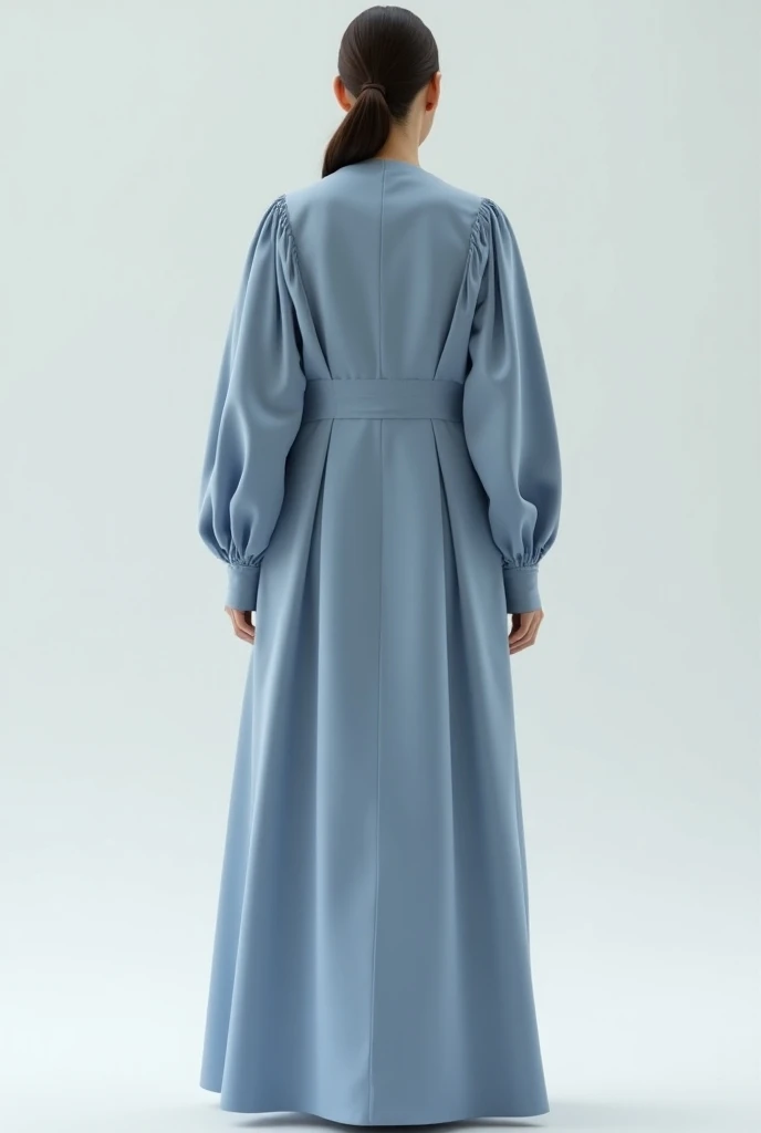 The dress would feature long, extended sleeves that flow continuously from the shoulder down to the wrist without interruption. The arm protectors are integrated into the sleeves, covering the entire arm length. The sleeves remain puffed but now extend uni...