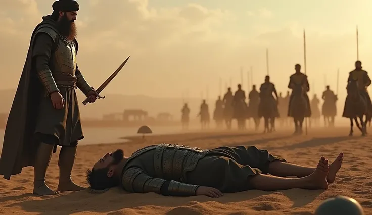 "A cinematic battle scene showing Hormoz, the 40-year-old male general of the Persian army, dead on the battlefield after a head-to-head duel with Khalid bin Walid. Hormoz has a fierce, bearded face with short wavy black-and-gray hair and black eyes. His m...