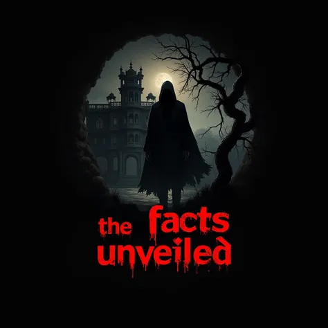 Create a logo which has a normal black background, an old Darwani haveli in the background and a horror tree near the haveli, a scary shadow standing in the front, red color written in the front "The Facts Unveiled" logo like Realstic change the font 