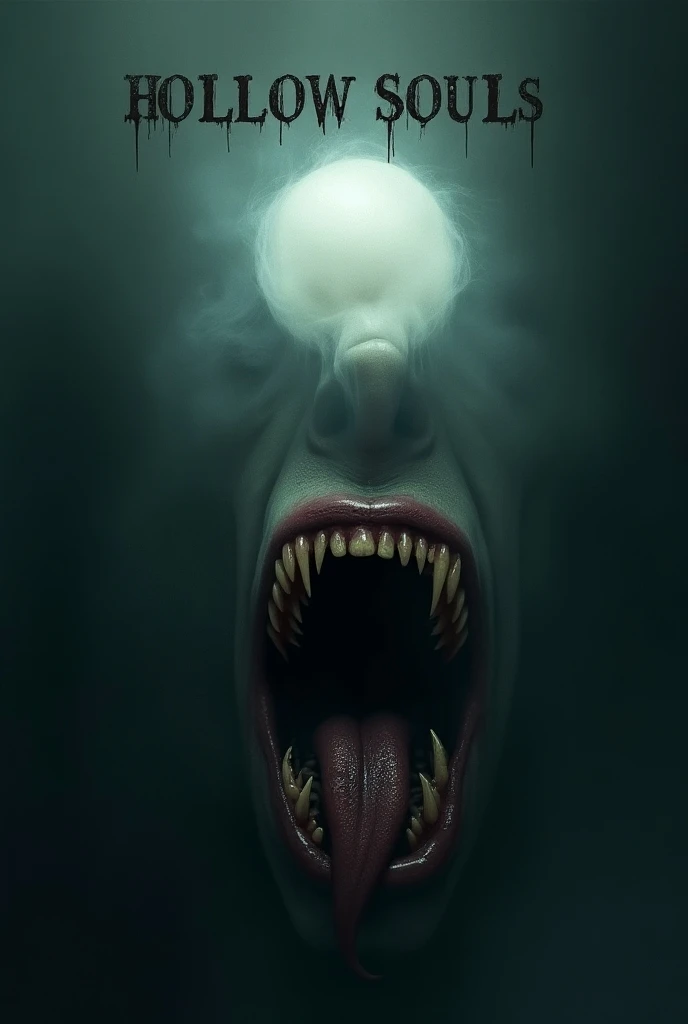  The image is for a cover of a horror book .   I want in the center of the image to be a sphere of transparent fog that represents a soul, The sphere is small ,  and below that put a big mouth with ugly teeth ,  with a long tongue and that your skin looks ...