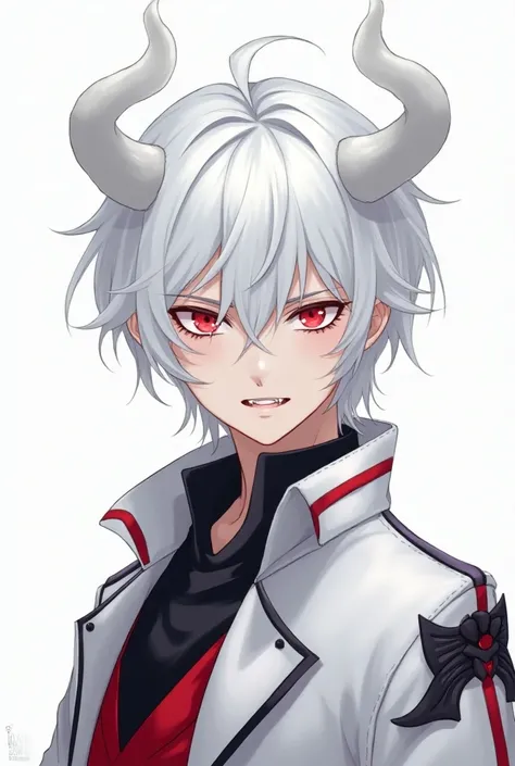 a man with white pale skin, with red sclera eyes and white iris eyes, with smooth pure-white horns and white hair, wearing a white and red tailcoat with black details, has fangs slightly sticking out the mouth, with mouth closed (solo, anime art style)