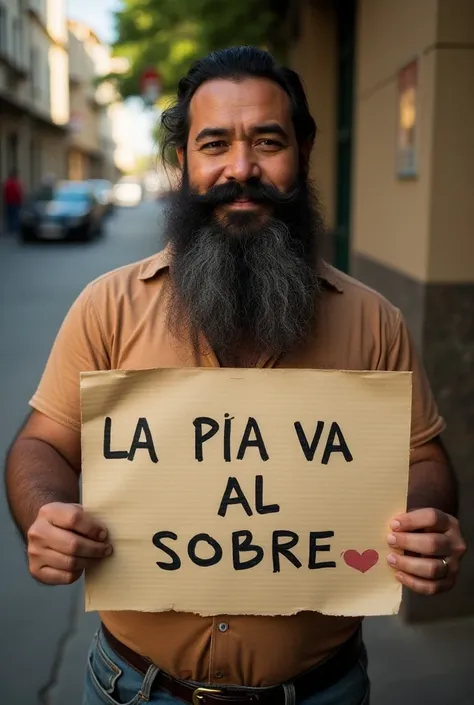 PERSON WITH BEARDS 40 YEARS OLD PERUVIAN CHOLA BREED WITH A SIGN THAT SAYS THE PINEAPPLE GOES TO THE ENVELOPE BUT IN SPANISH BUT THE POSTER IS NOT IN SPANISH I WANT IT IN SPANISH
