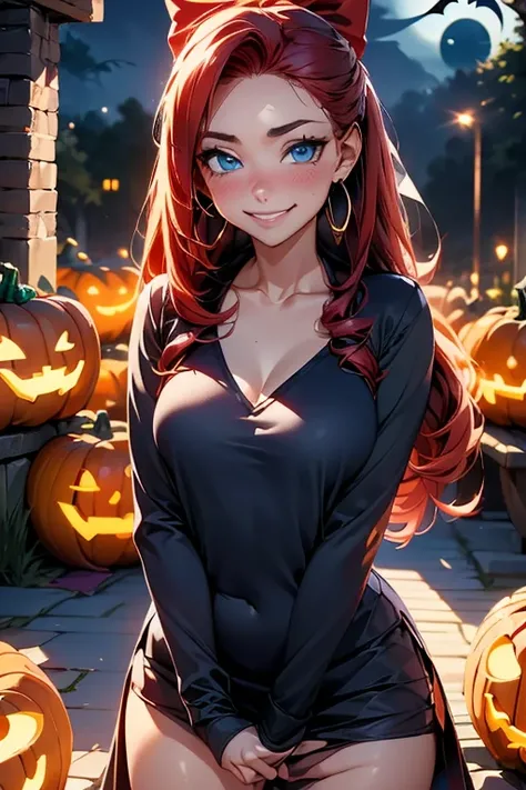 1 girl, Alone,  looking at the viewer , smile, blue eyes, ((jewelry)), ((Red hair)) Hair bow,  High resolution,  masterpiece ,  anatomically correct, HD model,  tall details ,  long hair ,  Hoop Earrings, blush,  animated, ((halloween)), ghosts, ((pumpkins...