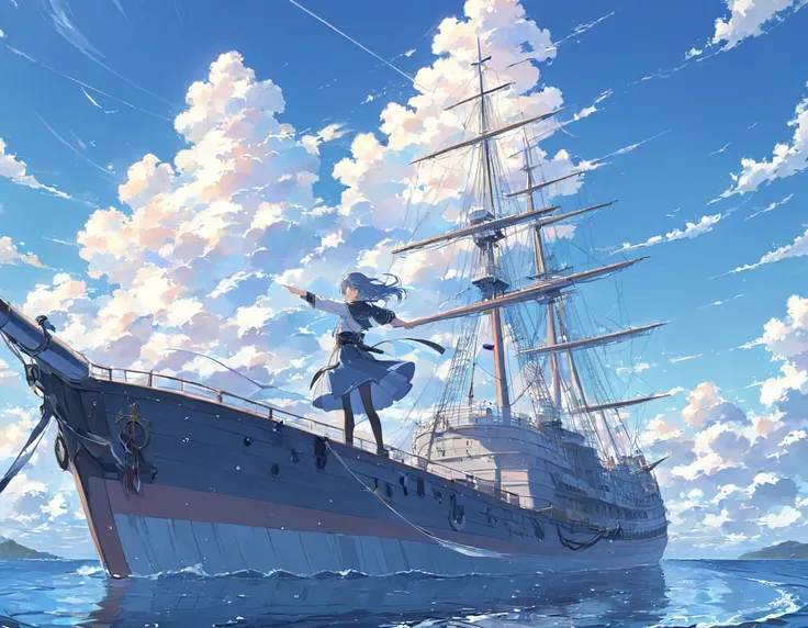 ((pastel))、sea賊の女性, standing on the bow of a boat, pointing in front ,sea賊の帽子,sea賊の服装,女sea賊,Sword on waist,Blue Hair, A masterpiece with clouds , on a ship,horizontal line,sea,Reflection of light, blowing in the wind , best quality ,Exquisite,8k, absurd,Ul...