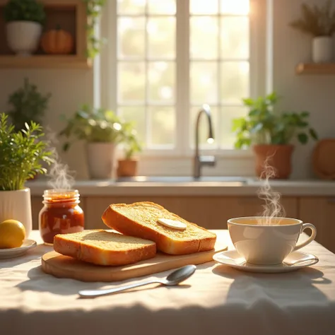 A Piece of toast, A bright and cozy kitchen, with morning sunlight shining through the window onto the wooden dining table. There is a clean white tablecloth on the dining table, on which there are some breakfast items such as coffee cups, jam jars, and bu...