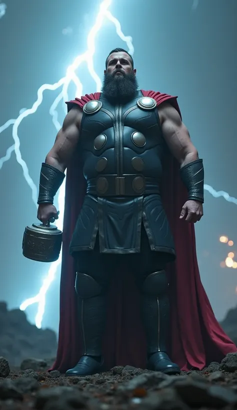 "Fat Thor standing strong in Asgard, holding Mjolnir with a prominent fat belly and no visible muscles. The scene is filled with dramatic lightning in the background, creating a powerful atmosphere. The image should be hyperrealistic and high resolution, r...