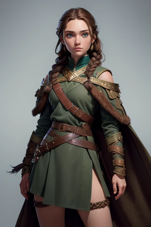 ( masterpiece ,  The best quality ) (young warrior woman of nordic descent), (green eyes), (fur skirt), (Brown hair color),(loose hair with small braids on the scalp), (leather strap top) feathers, cape over the shoulder, bufas, (blue, gray and brown suit)...