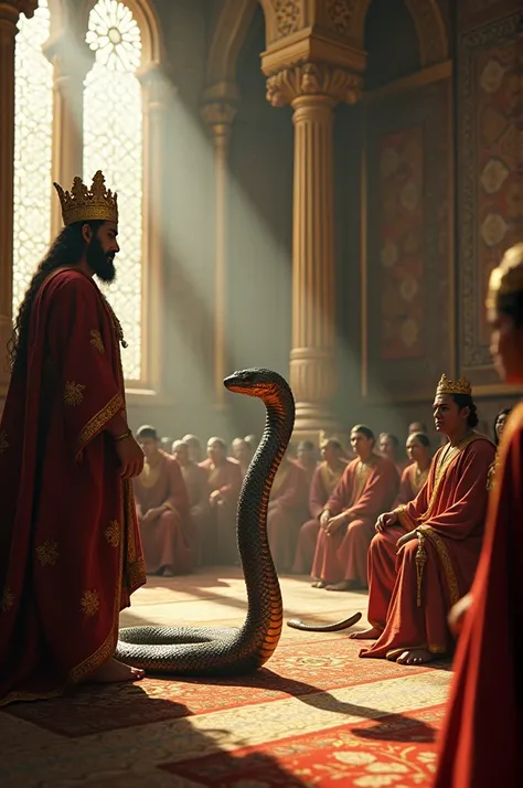 In the royal court, the wise cobra Vasuki speaks with humility before King Dharmasen, pleading for time to find a new home for his family as the forest has been their shelter for generations. The atmosphere is respectful yet tense.