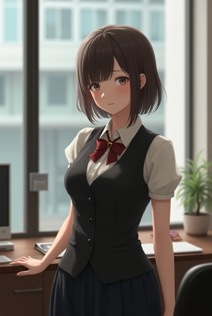  1 girl, High school girl, Sex, Ample breasts, vest, bow, photograph, Realistic,  best quality , Detailed face, Office, Building seen from the window,  detailed background,  diffused sunlight,  depth of field, Bokeh