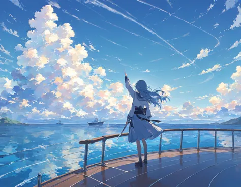 ((pastel))、sea賊の女性, standing on the bow of a boat, pointing in front ,sea賊の帽子,sea賊の服装,女sea賊,Sword on waist,Blue Hair, A masterpiece with clouds , on a ship,horizontal line,sea,Reflection of light, blowing in the wind , best quality ,Exquisite,8k, absurd,Ultra-detailed illustrations,( I feel the audience )