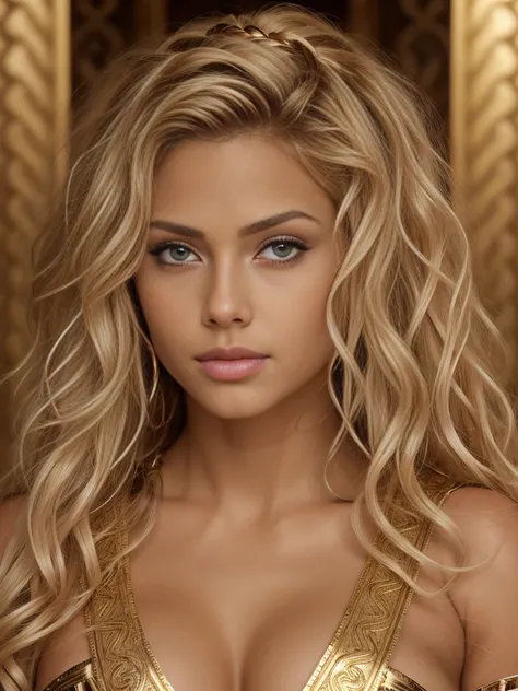  detailed curly blonde hair, hourglass figure, sportos alkat, Brown skin, soft lighting. masterpiece, a aztec princess woman), medium peark brasts, in front a piramid, native dress, hi quality, cutty girl,  beautiful detailed face, looking at viewer, gold ...