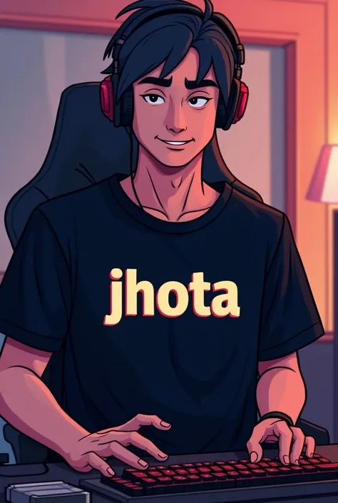 A Cartoon-style male gamer,  in black clothes written "Jhota "  em 2d
