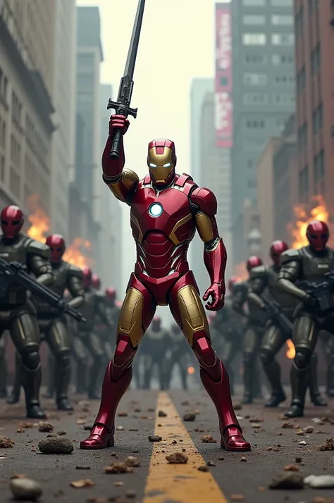 Iron Man is fighting a lot of soldiers with a sword