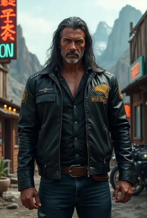 Older male with no beard native indian with athletic body, hard looking face, deep green eyes, long black and grey hair, no beard, leather jacket in dark with logo „wild cats“, dark blue jeans, biker boots, stand in modern village of native americans like ...