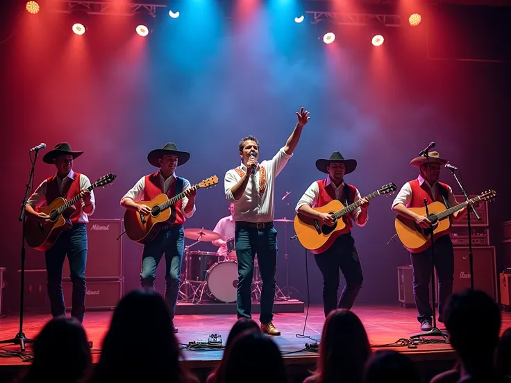 Sertanejo show , Sertanejo band playing on stage, Put a couple on the bands vocals, 