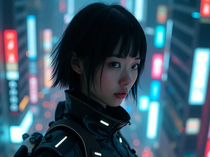 (realistic photograph), (ultra high quality), (high resolution), (8k), (a young and beautiful Japanese woman:1.5) in a (futuristic cityscape:1.2) at night, where (neon lights illuminate the scene:1.4). She wears a (high-tech outfit with glowing elements:1....