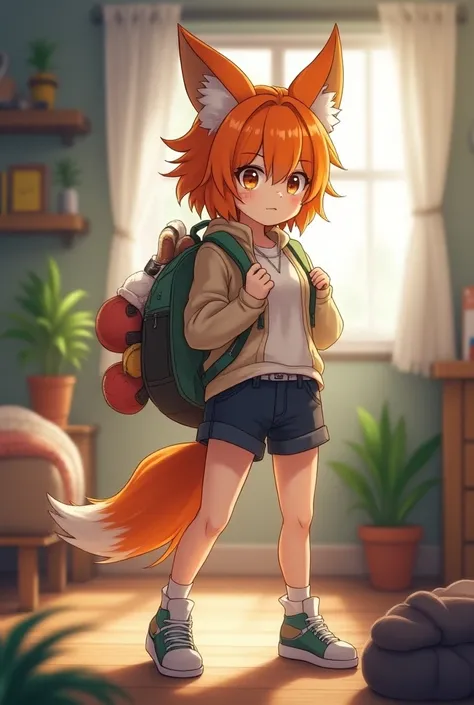 Teenage anime girl with bulky body orange hair , orange fox ears and short clothes,  packing things in her backpack in her natural looking room