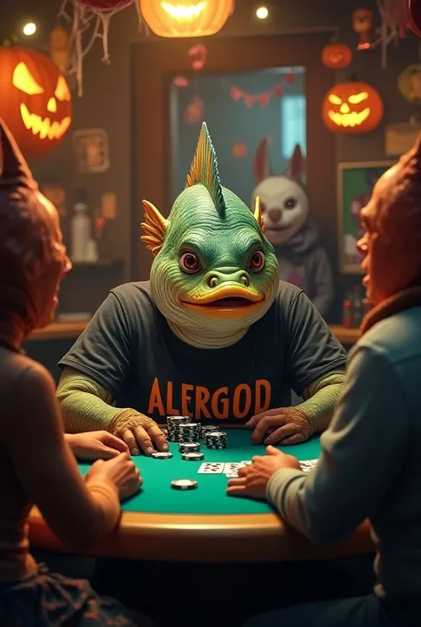 A fish playing poker ,  in a t-shirt that says the word "AlerGod ".  in a Halloween-themed bar 