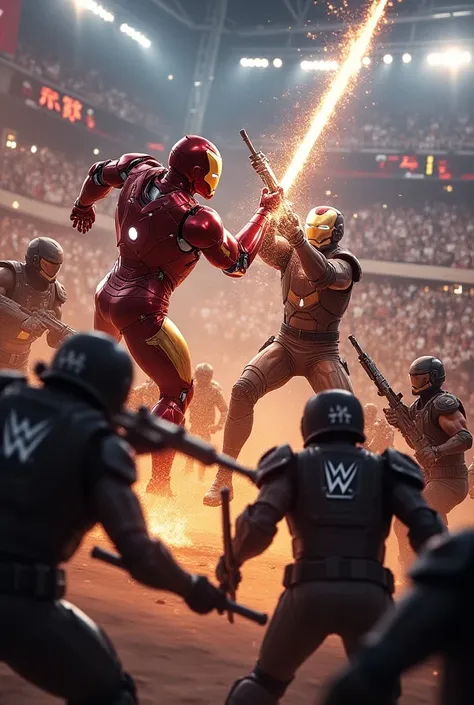 Iron Man is in a sword fight with a lot of soldiers inside WWE