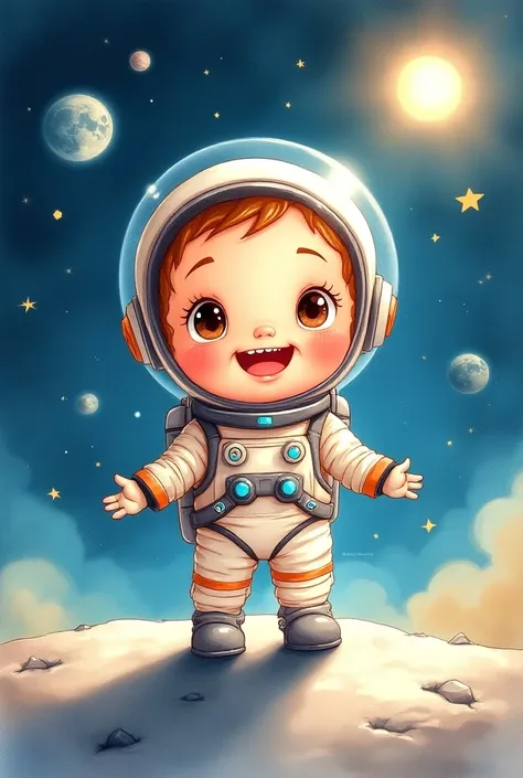  Create a watercolor-style image of a baby with a smile full of little teeth,   with curly coppery-blond hair ,  fluffy cheeks and brown eyes ,  dressed in astronaut clothes and stepping on the moon .  In the background are planets , stars and the sun 