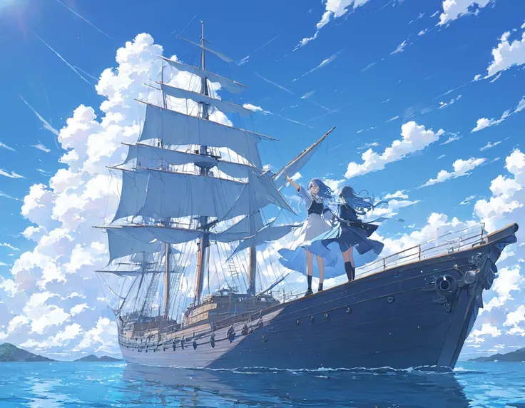 ((pastel))、sea賊の女性, standing on the bow of a boat, pointing in front ,西洋sea賊の服装,女sea賊,Sword on waist,Blue Hair, A masterpiece with clouds , on a ship,horizontal line,sea,Reflection of light, blowing in the wind , best quality ,Exquisite,8k, absurd,Ultra-detailed illustrations,( I feel the audience )