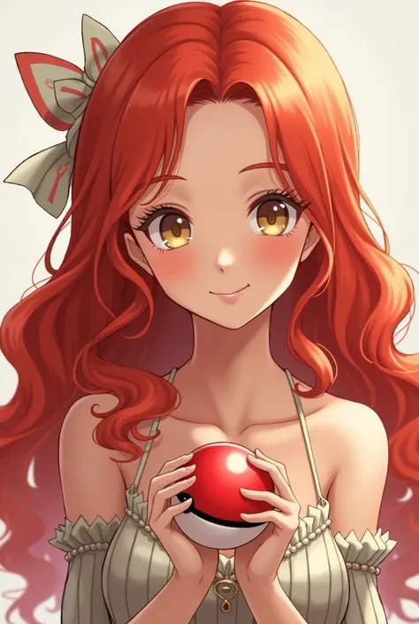 1 girl, adult,  long hair , Alone, Rice, Cute clothes, vibrant colors, red hair, pokeball in hand, loving look,  detailed image, work of art, hair, hair de cabelo, hair ornament, Hair bow, 