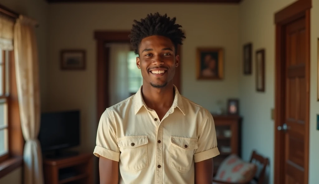 A mid-shot of a young man in his early 20s, with darker skin, short curly black hair, and a friendly, easygoing expression. He’s standing in a simple rustic living room with an open door behind him, suggesting a farewell. He’s wearing a short-sleeved butto...