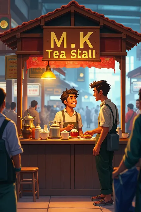 Make a two young man tea stall and name is m.k tea stall and background like bus stand 