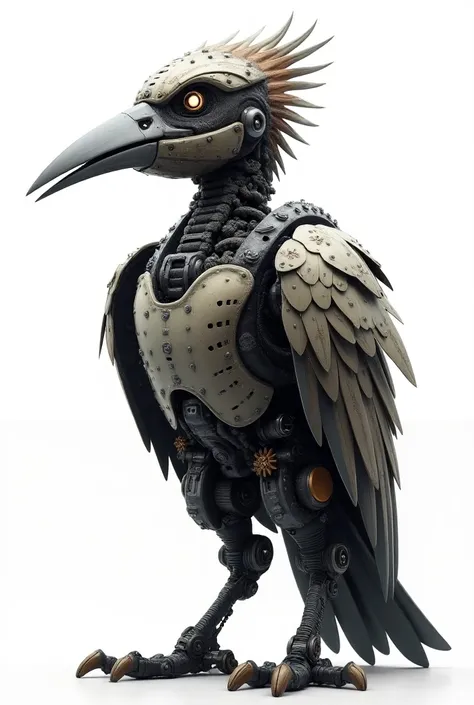  Create an imposing image , of a woodpecker , built with bio-mechanical parts and pieces, on a white background.