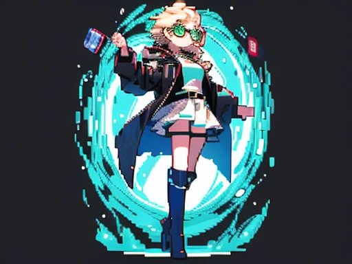 1 girl, black jacket, long white, green eyes, glasses, short white skirt, black boots, black stockings,((pixelart Quality )),((higgt Quality))