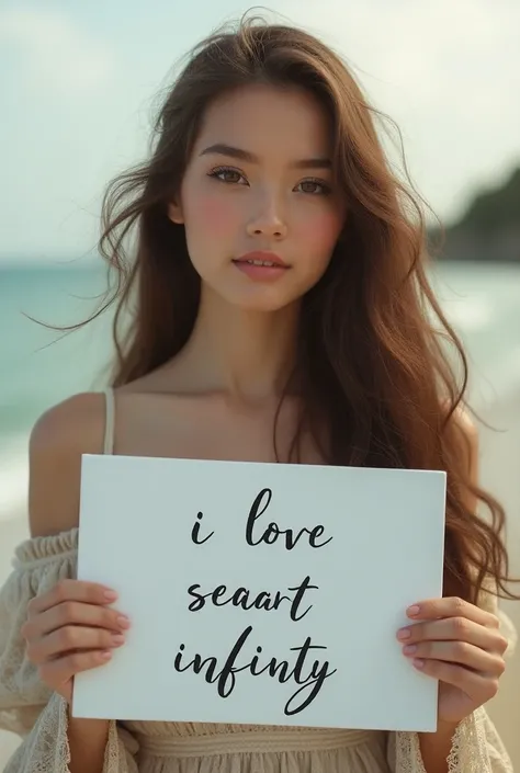 Beautiful girl with wavy long hair, bohemian dress, holding a white board with text "I Love Seaart Infinity" and showing it to the viewer