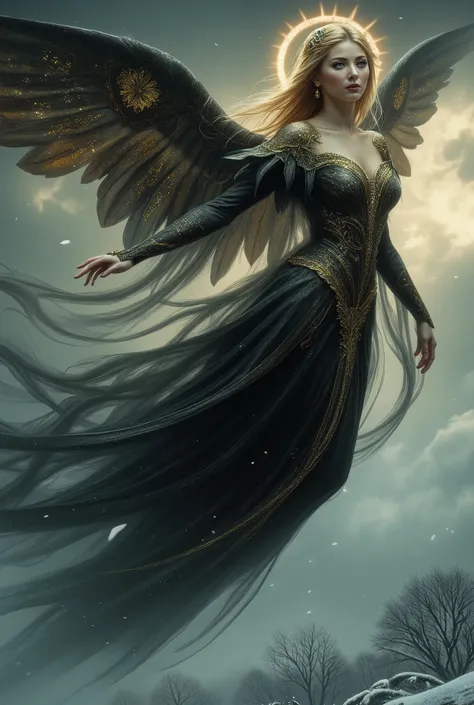 "an ultra-realistic angelic figure soars gracefully through a dramatic winter sky, her ethereal presence imbued with divine grac...