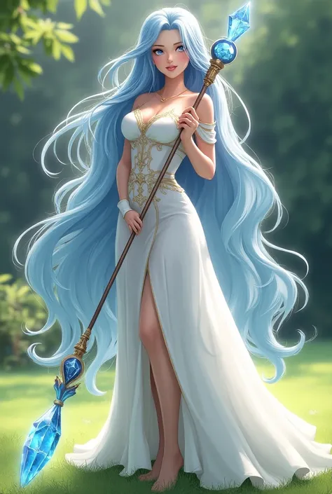 1 girl, beautiful, tall, curvy, ((silver blue ombre hair))((Long hair))((Bang)), ((blue eyes)), ((Girl wears white gown with golden trim)), holding magical staff, ice crystal staff, ((Grass yard)), looking at viewer, smiling warmly, BREAK (masterpiece:1.2)...