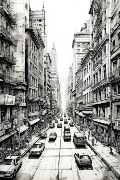 big city, ink and wash, street and roadcross from creative perspective, (best quality, perfect masterpiece, representative work,...