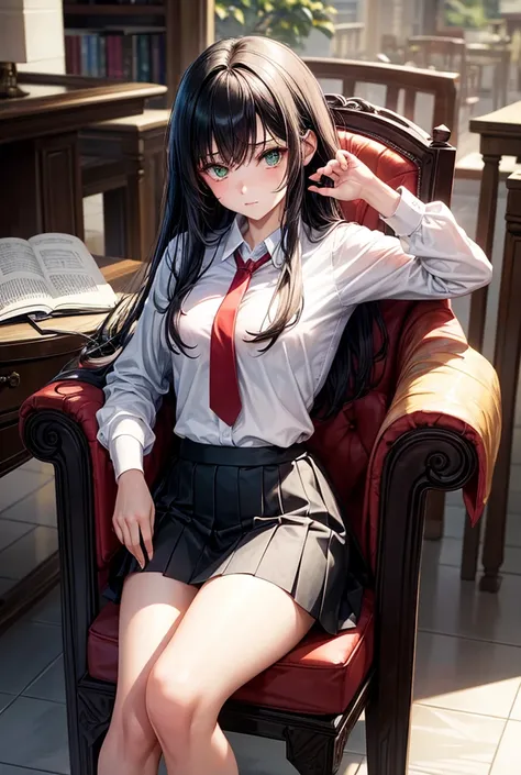 the girl is alone, library, sitting on a chair looking at me ,  she has a skirt and a white shirt with a red tie. Medium Chest and Middle Ass.  Long black hair ,  green eyes 