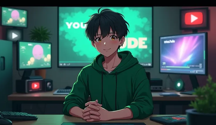 Create a semi-realistic anime-style image of a young male character, aged 18 to 22, dressed in green clothing. He should be sitting in a modern editing studio, facing forward with a slight, confident smile, making direct eye contact with the viewer. The ch...