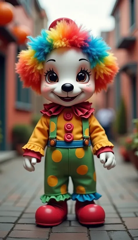 Newborn puppies 、

 full body of a clown cosplay 、

 wears a colorful jumpsuit with a large dot or stripe design、
 has ruffles on the sleeves and hem of the pants 、

 has a colorful tie and suspenders 、

 wears a hat with a colorful wig 、
Wears big, colorf...