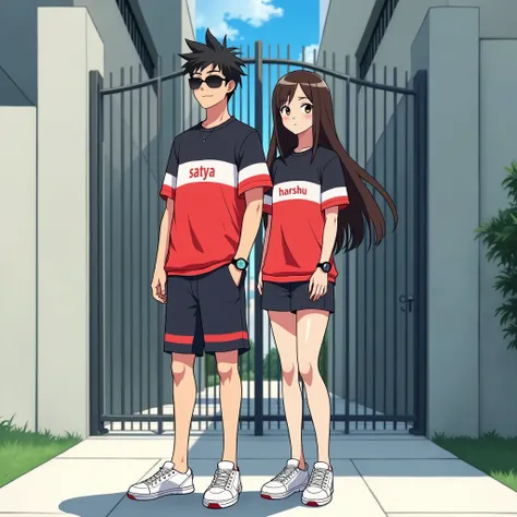 Create a anime style couple landscape image. Image is a full-body portrait of a man and woman standing outdoors in front of a modern building with a metal gate. Man has short black hair styled upwards and is wearing sunglasses. His skin tone is fair. He is...