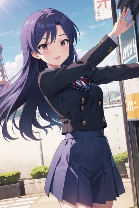 ((masterPiece)), ( best quality ), Official Art,   very detailed CG, unity 8k wallPaPer, Super detailed,
 1 girl, Kisaragi Chihaya,   school uniform, JumPing with arms to the side, :P, 
 cowboy shots, Outdoor, Tokyo Tower, Blue Sky, 
