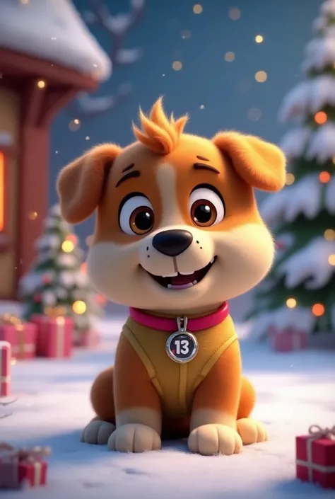 Creer une image de Ruben, Paw Patrol, cute adorable, style disney pixar, avec le chiffre "13", disney 4d, dans un décor de Noël 