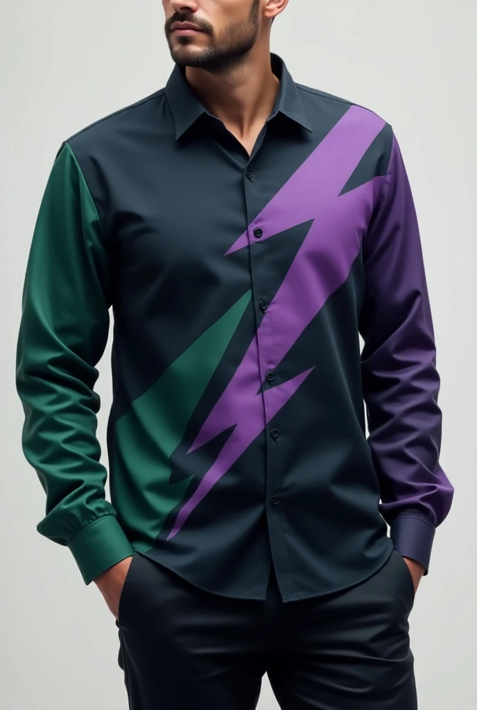 Design a long sleeve shirt with the colors green, purple and black that form the shadow of a lightning bolt. (It is a uniform for a delivery company  